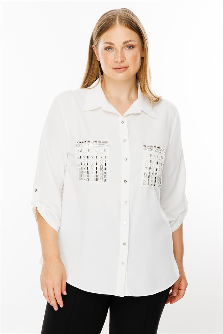 Modailgi  Cepleri Taşlı Gömlek Ekru