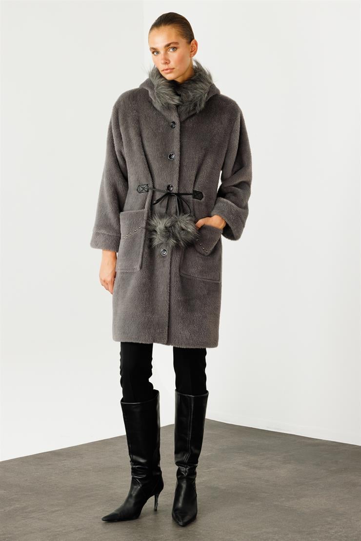 Modailgi  Cepleri Trok Detaylı Kapüşonlu Peluş Kaban Gri