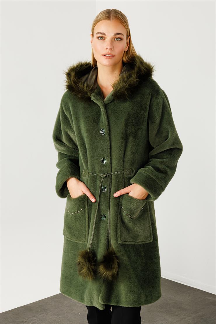 Modailgi  Cepleri Trok Detaylı Kapüşonlu Peluş Kaban Haki