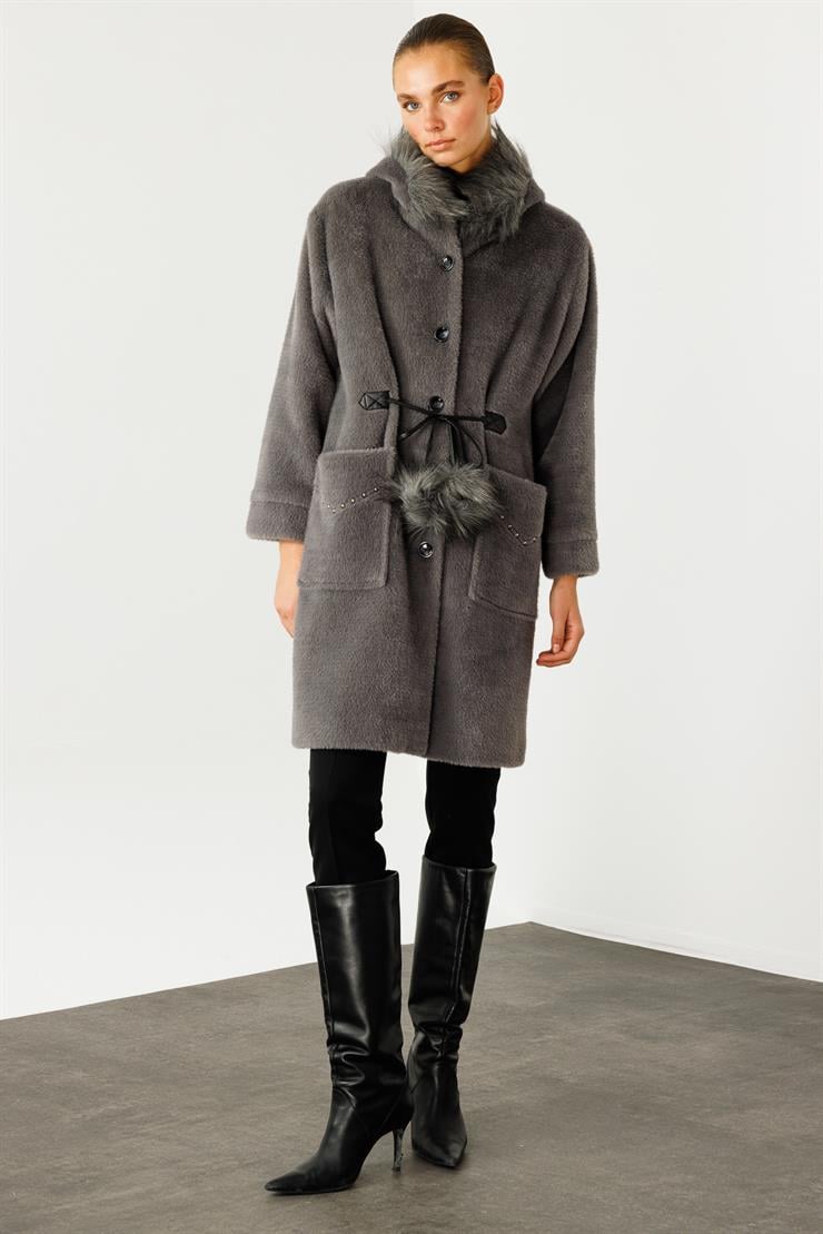 Modailgi  Cepleri Trok Detaylı Kapüşonlu Peluş Kaban Gri