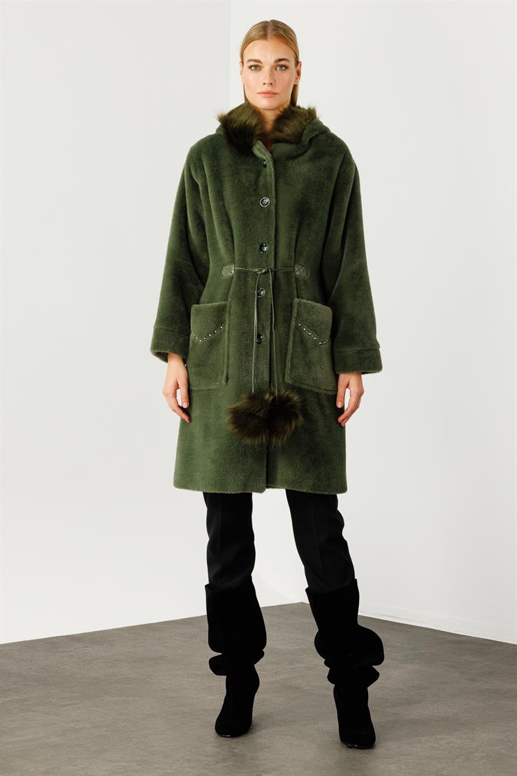 Modailgi  Cepleri Trok Detaylı Kapüşonlu Peluş Kaban Haki