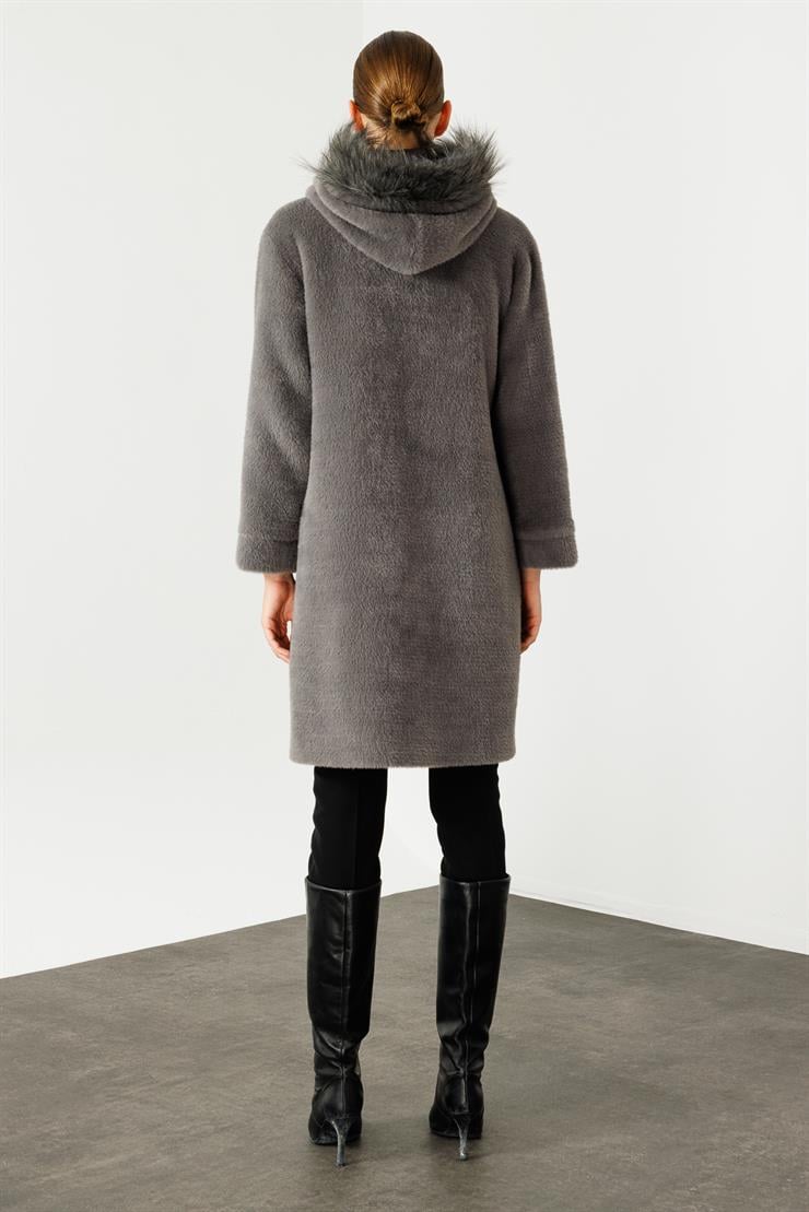 Modailgi  Cepleri Trok Detaylı Kapüşonlu Peluş Kaban Gri