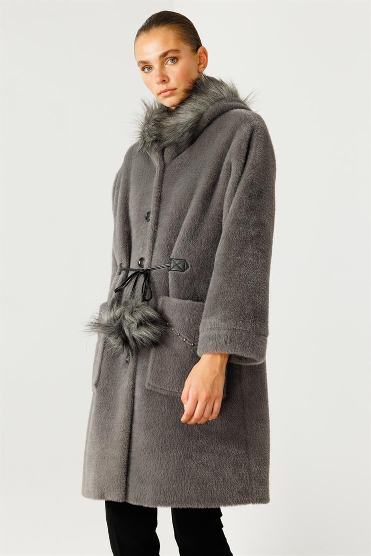 Modailgi  Cepleri Trok Detaylı Kapüşonlu Peluş Kaban Gri