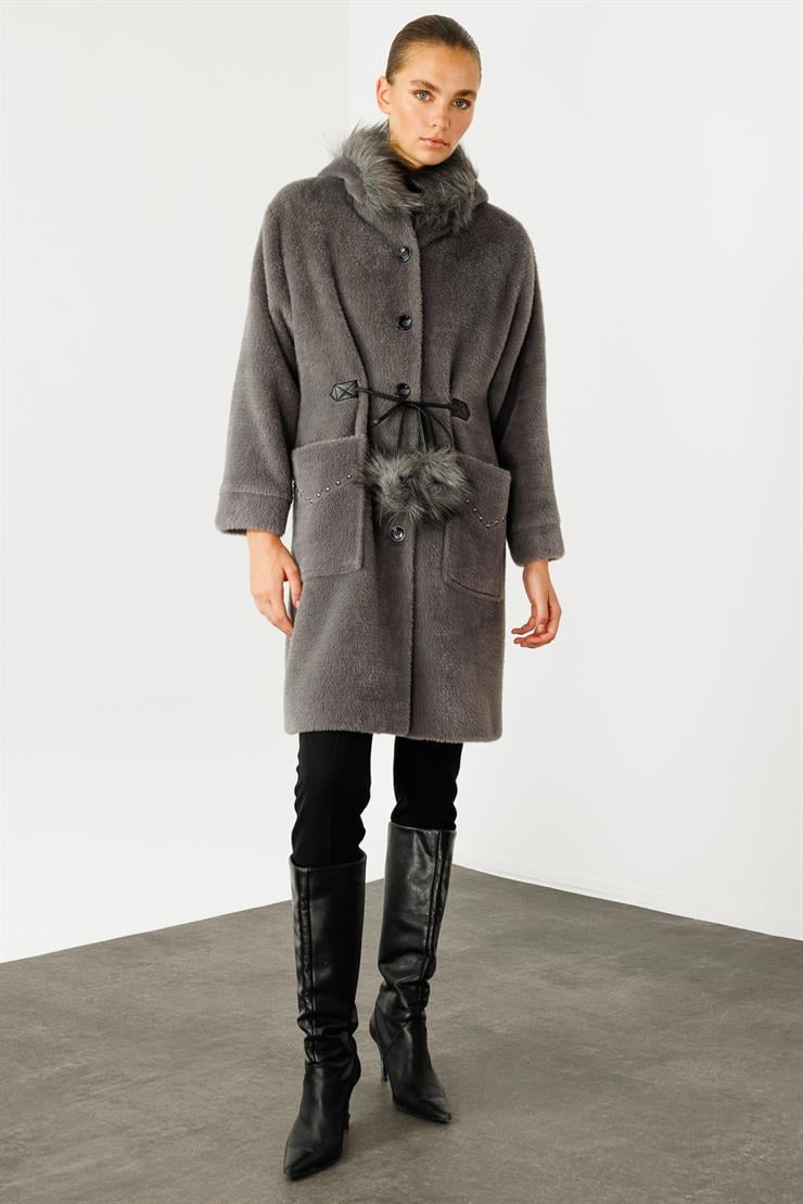 Modailgi  Cepleri Trok Detaylı Kapüşonlu Peluş Kaban Gri