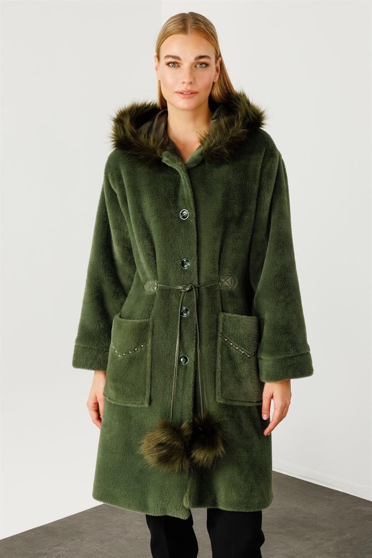 Modailgi  Cepleri Trok Detaylı Kapüşonlu Peluş Kaban Haki