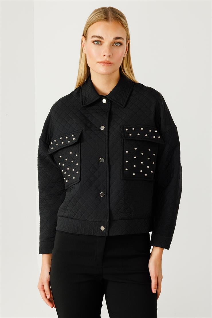 Modailgi  Cepleri Trok Detaylı Kısa Kapitone Mont Siyah