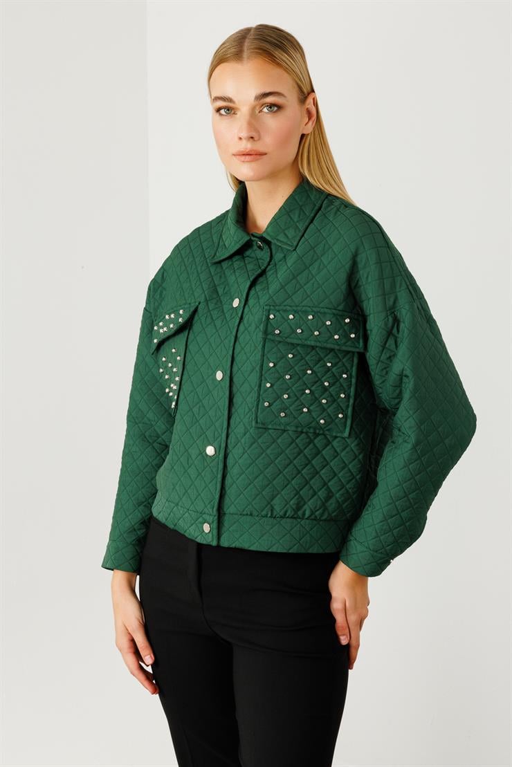 Modailgi  Cepleri Trok Detaylı Kısa Kapitone Mont Yeşil