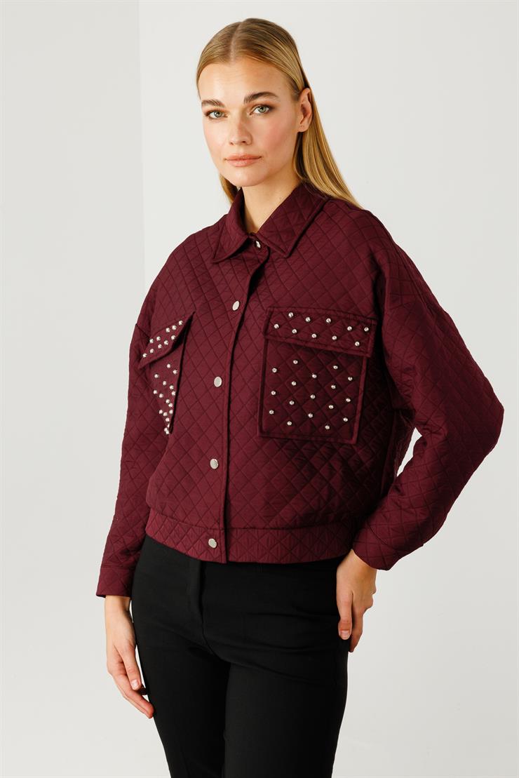 Modailgi  Cepleri Trok Detaylı Kısa Kapitone Mont Mürdüm