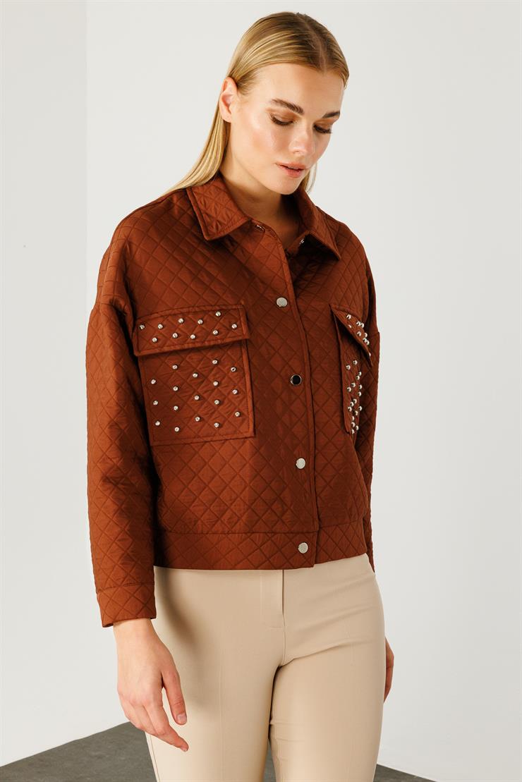 Modailgi  Cepleri Trok Detaylı Kısa Kapitone Mont Taba