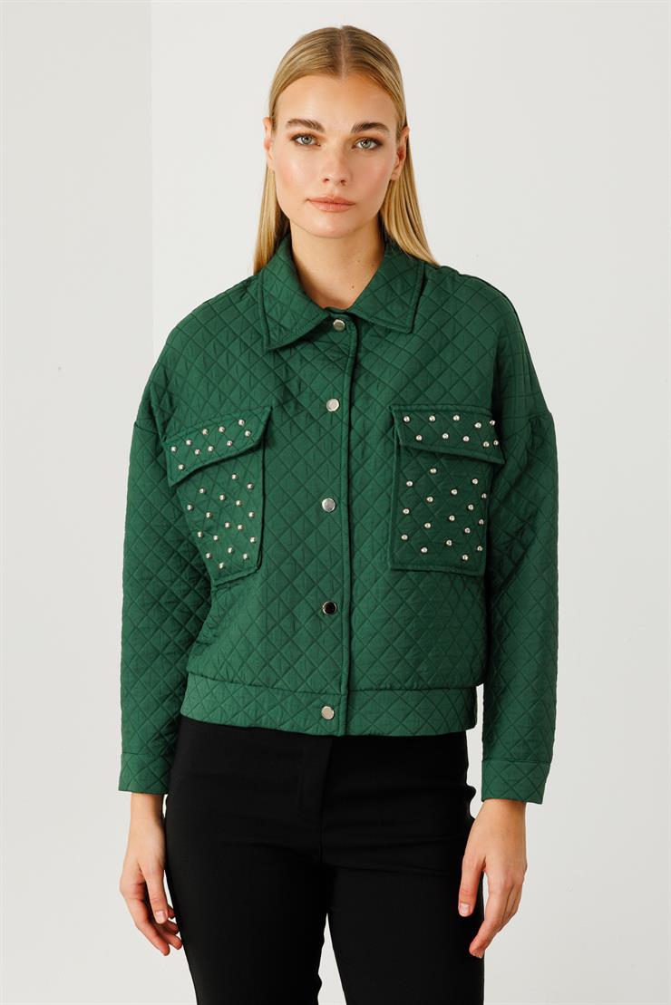 Modailgi  Cepleri Trok Detaylı Kısa Kapitone Mont Yeşil