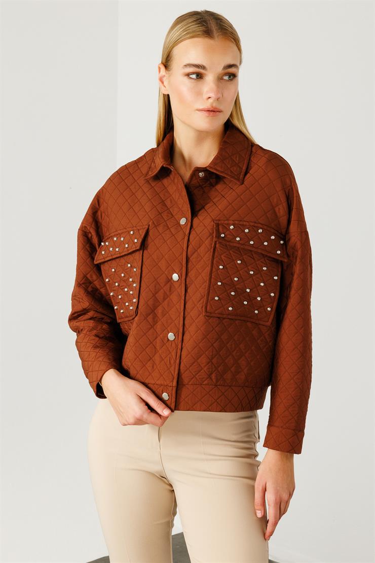 Modailgi  Cepleri Trok Detaylı Kısa Kapitone Mont Taba