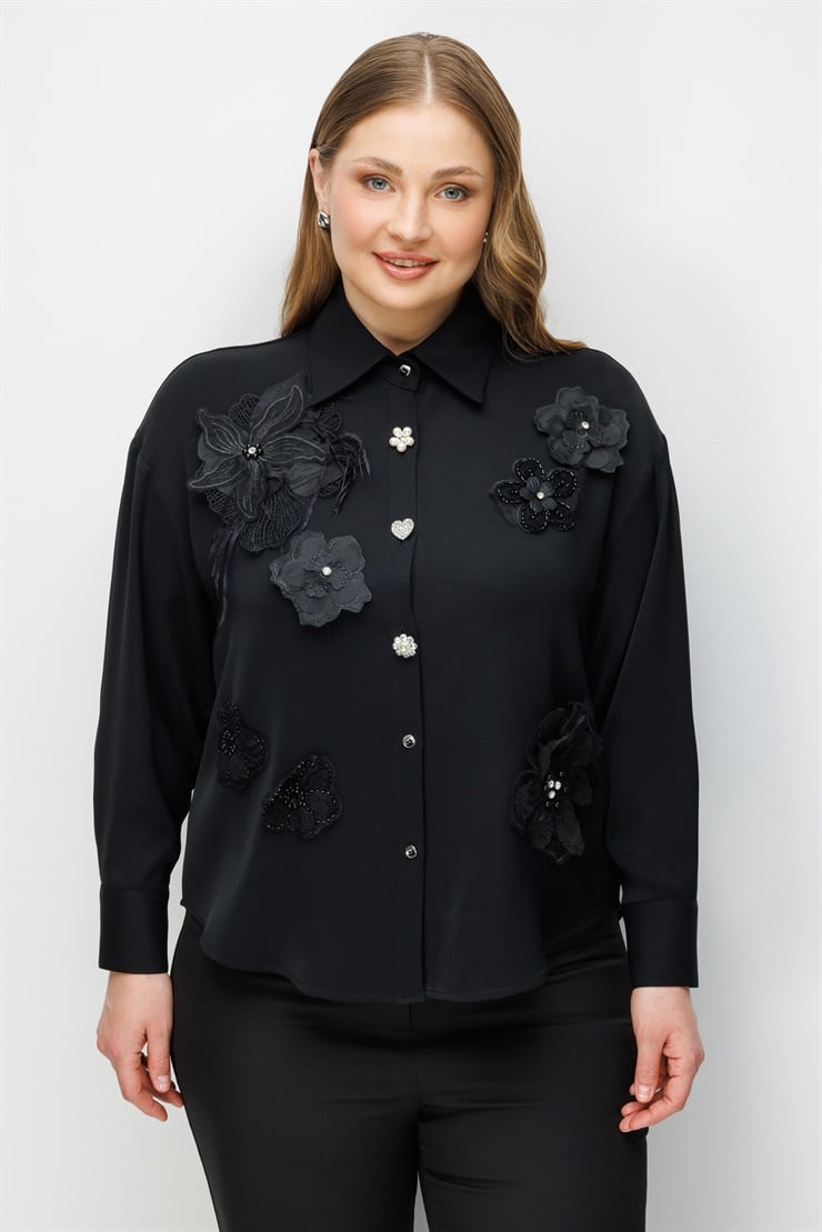 Modailgi  Çiçek Aplike Detaylı Oversize Gömlek Siyah