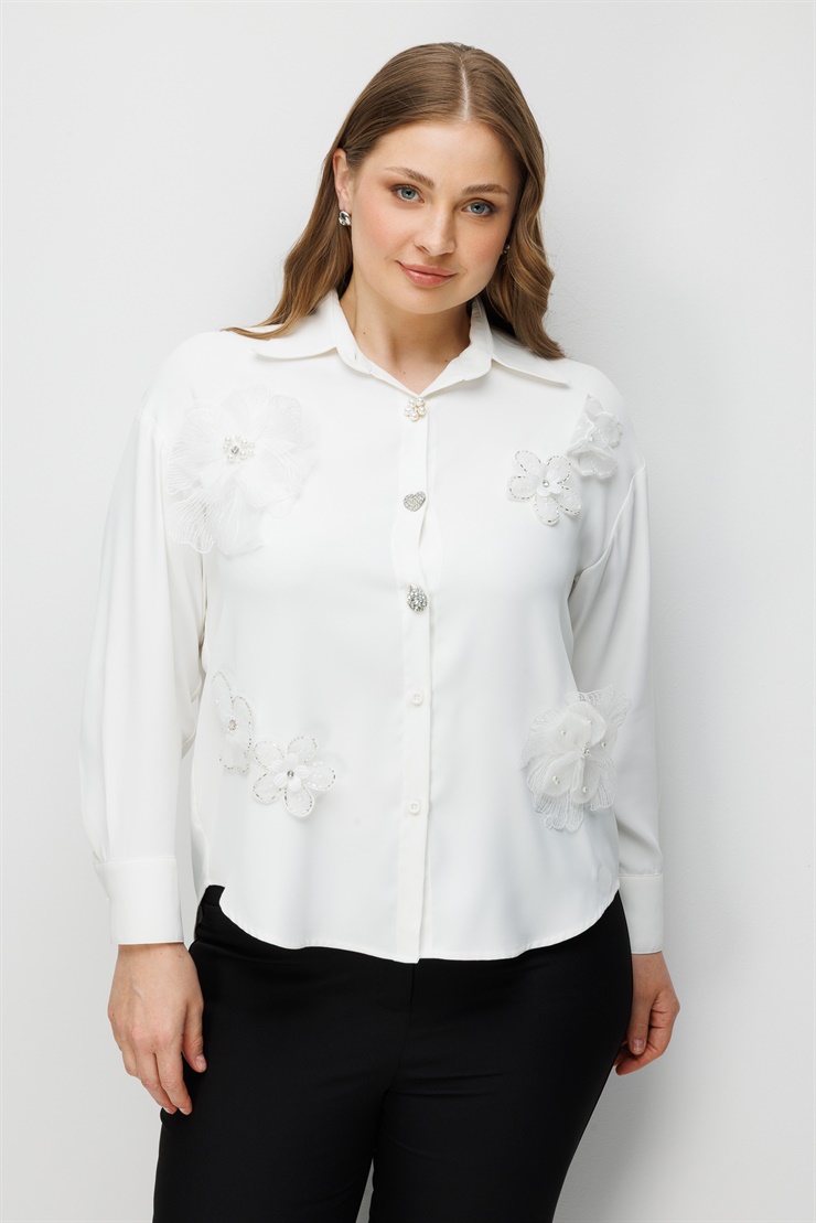 Modailgi  Çiçek Aplike Detaylı Oversize Gömlek Ekru