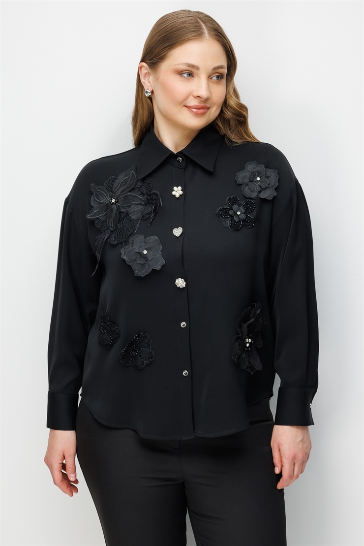 Modailgi  Çiçek Aplike Detaylı Oversize Gömlek Siyah