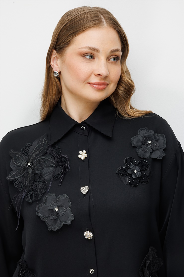 Modailgi  Çiçek Aplike Detaylı Oversize Gömlek Siyah
