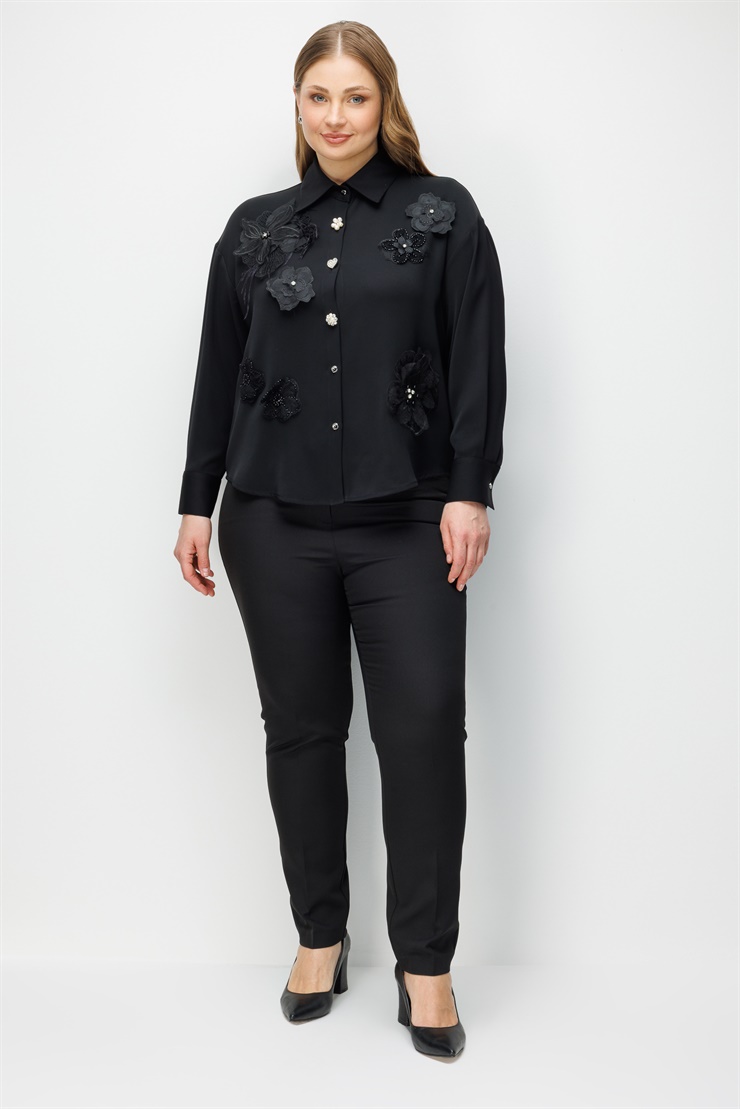 Modailgi  Çiçek Aplike Detaylı Oversize Gömlek Siyah