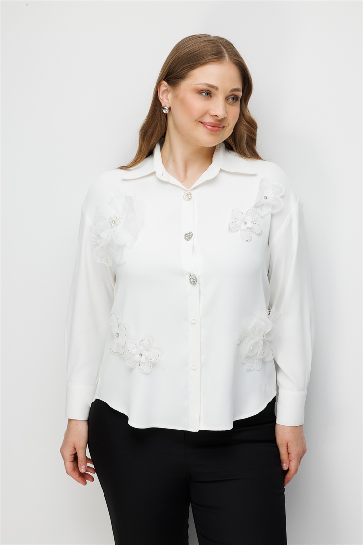 Modailgi  Çiçek Aplike Detaylı Oversize Gömlek Ekru
