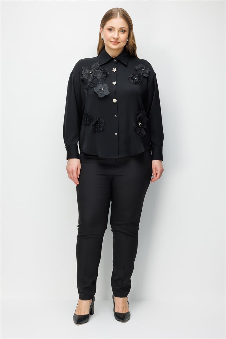 Modailgi  Çiçek Aplike Detaylı Oversize Gömlek Siyah