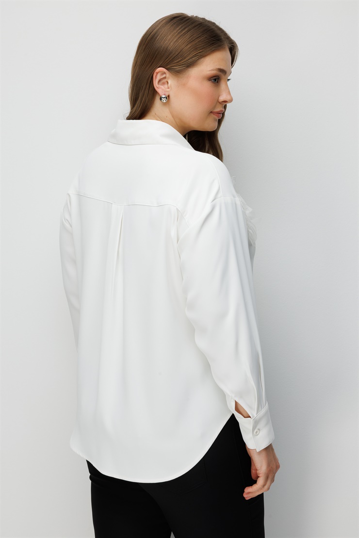 Modailgi  Çiçek Aplike Detaylı Oversize Gömlek Ekru