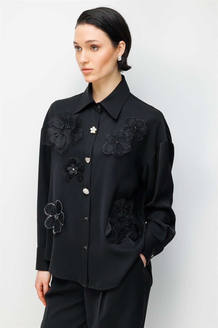 Modailgi  Çiçek Aplikeli Oversize Gömlek Siyah