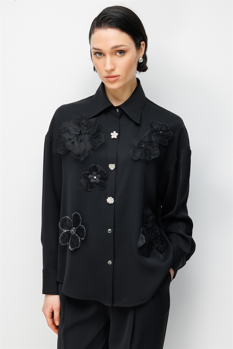 Modailgi  Çiçek Aplikeli Oversize Gömlek Siyah