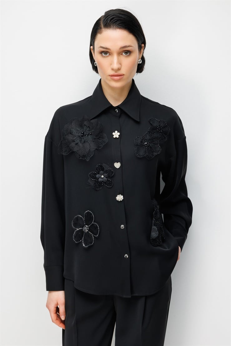 Modailgi  Çiçek Aplikeli Oversize Gömlek Siyah