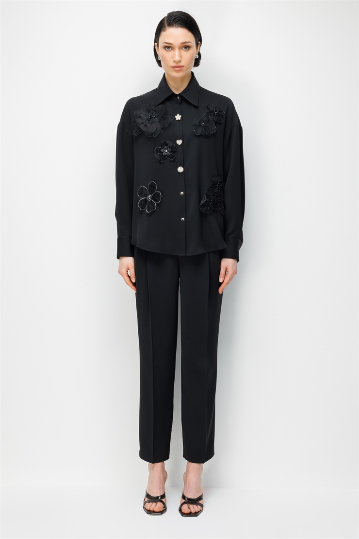 Modailgi  Çiçek Aplikeli Oversize Gömlek Siyah