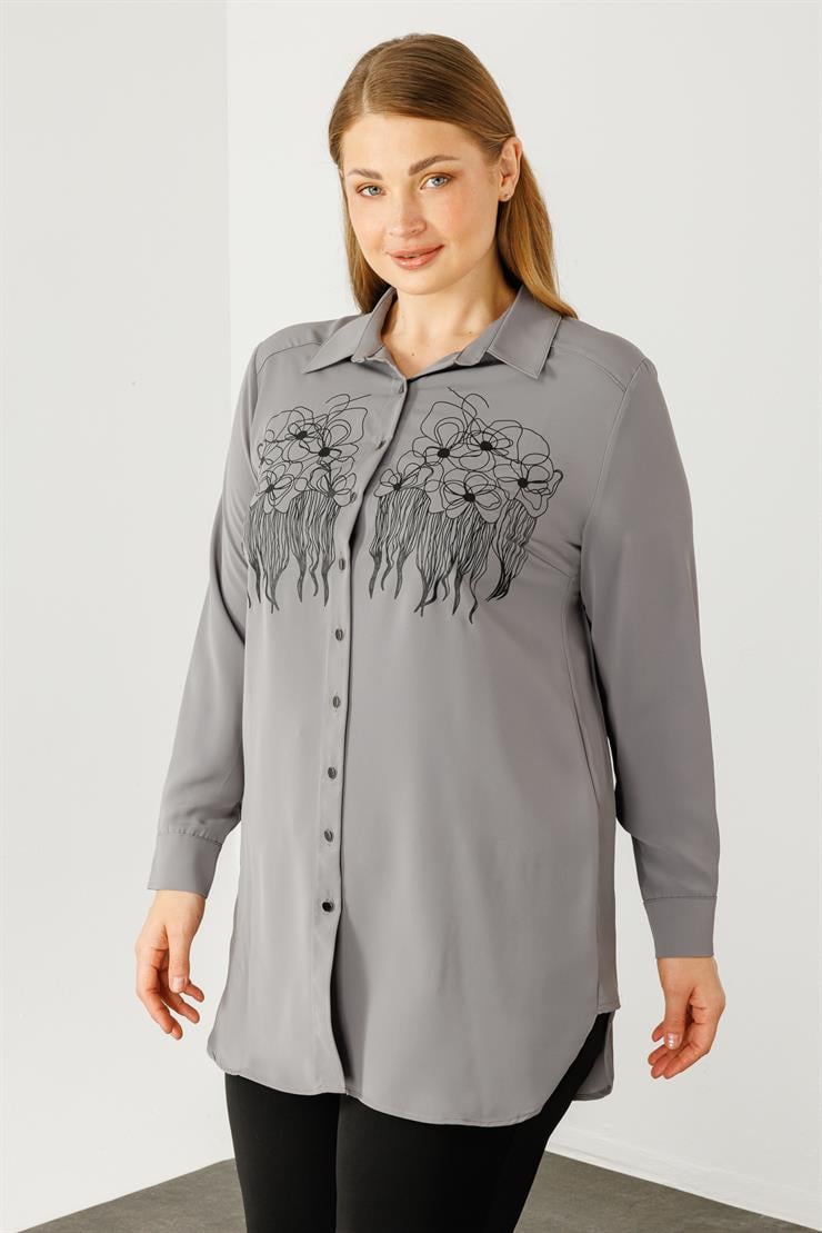 Modailgi  Çiçek Baskılı Uzun Gömlek Tunik Gri