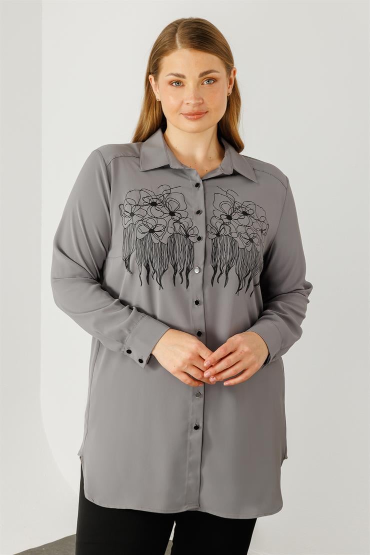 Modailgi  Çiçek Baskılı Uzun Gömlek Tunik Gri
