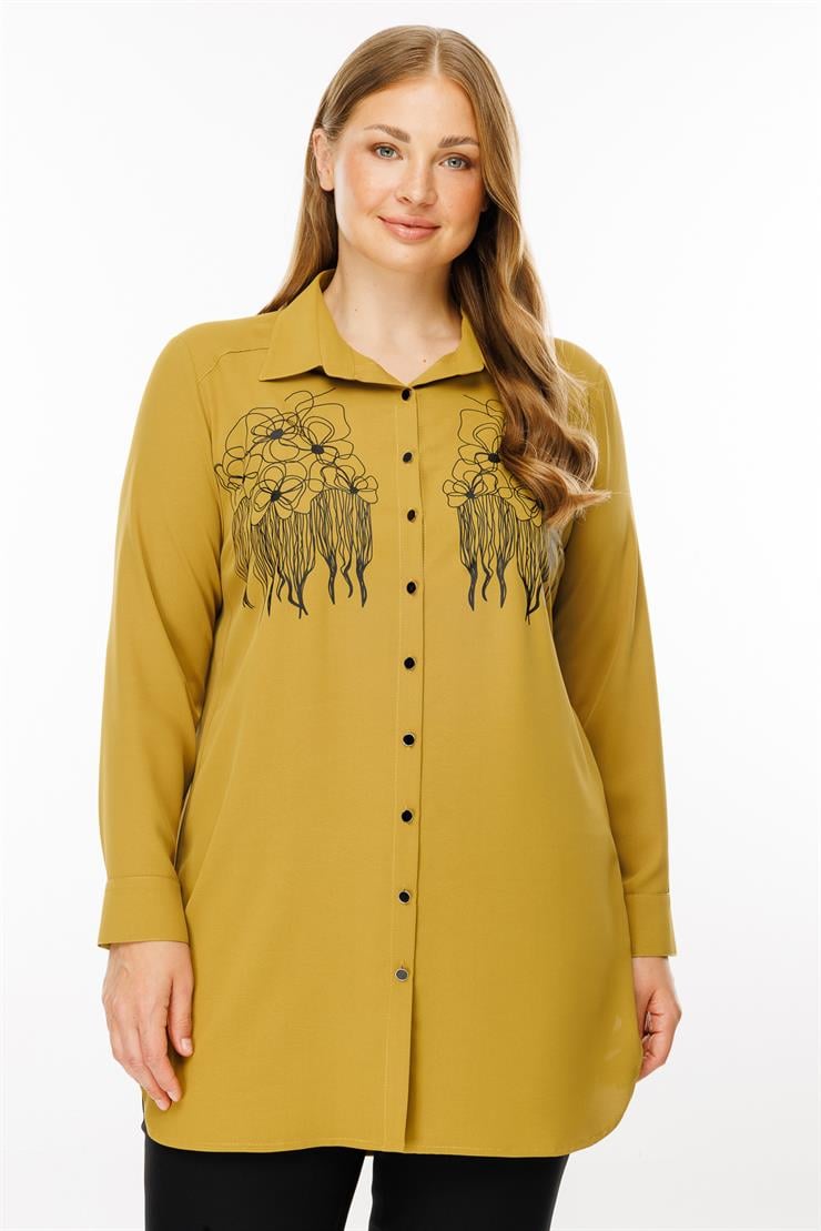 Modailgi  Çiçek Baskılı Uzun Gömlek Tunik Olive