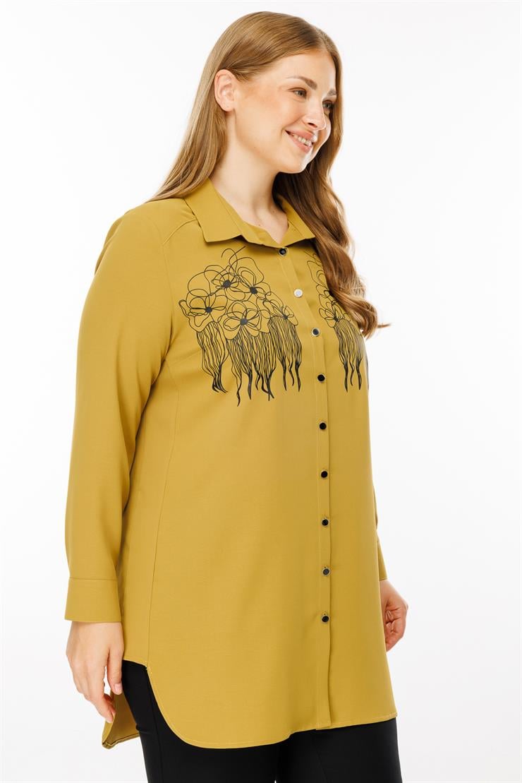 Modailgi  Çiçek Baskılı Uzun Gömlek Tunik Olive