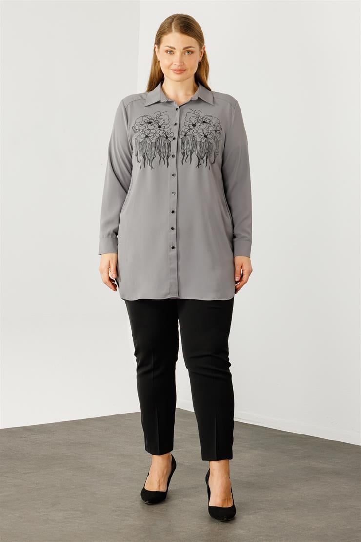 Modailgi  Çiçek Baskılı Uzun Gömlek Tunik Gri