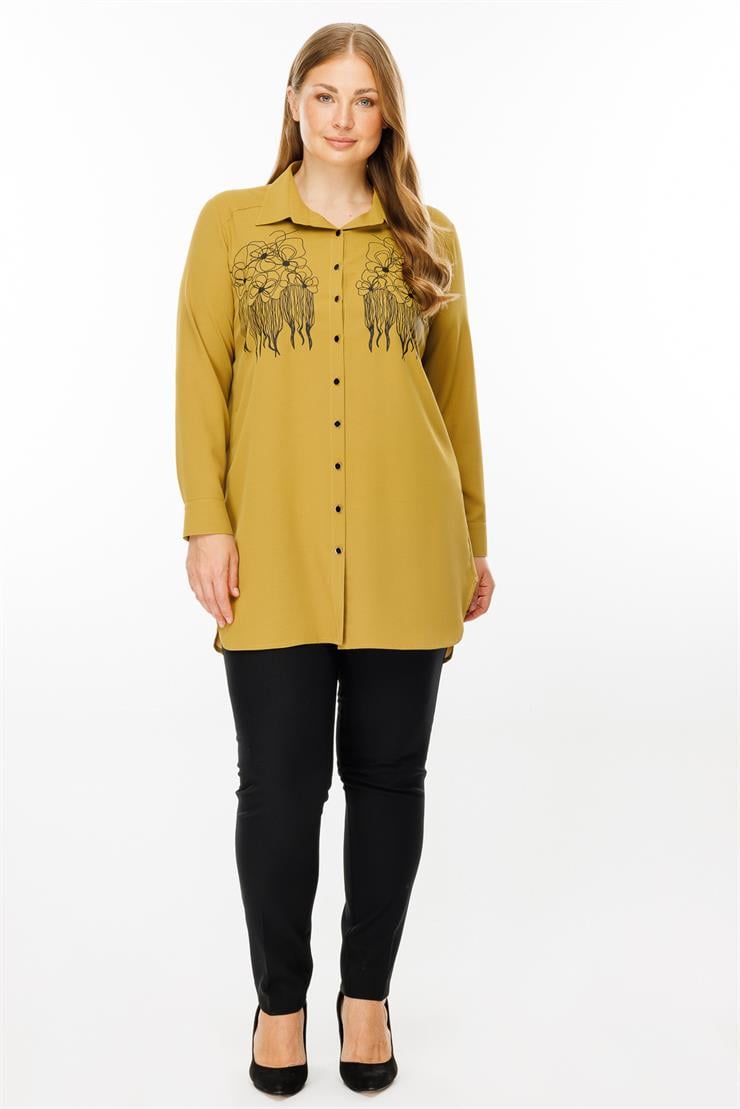 Modailgi  Çiçek Baskılı Uzun Gömlek Tunik Olive