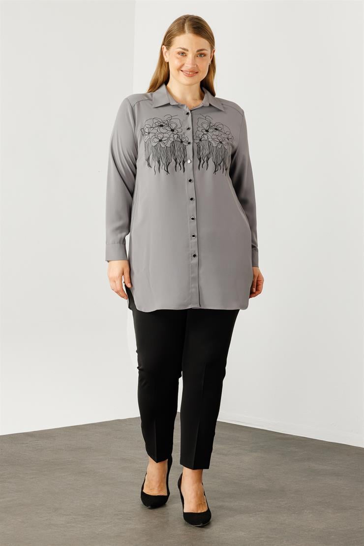 Modailgi  Çiçek Baskılı Uzun Gömlek Tunik Gri