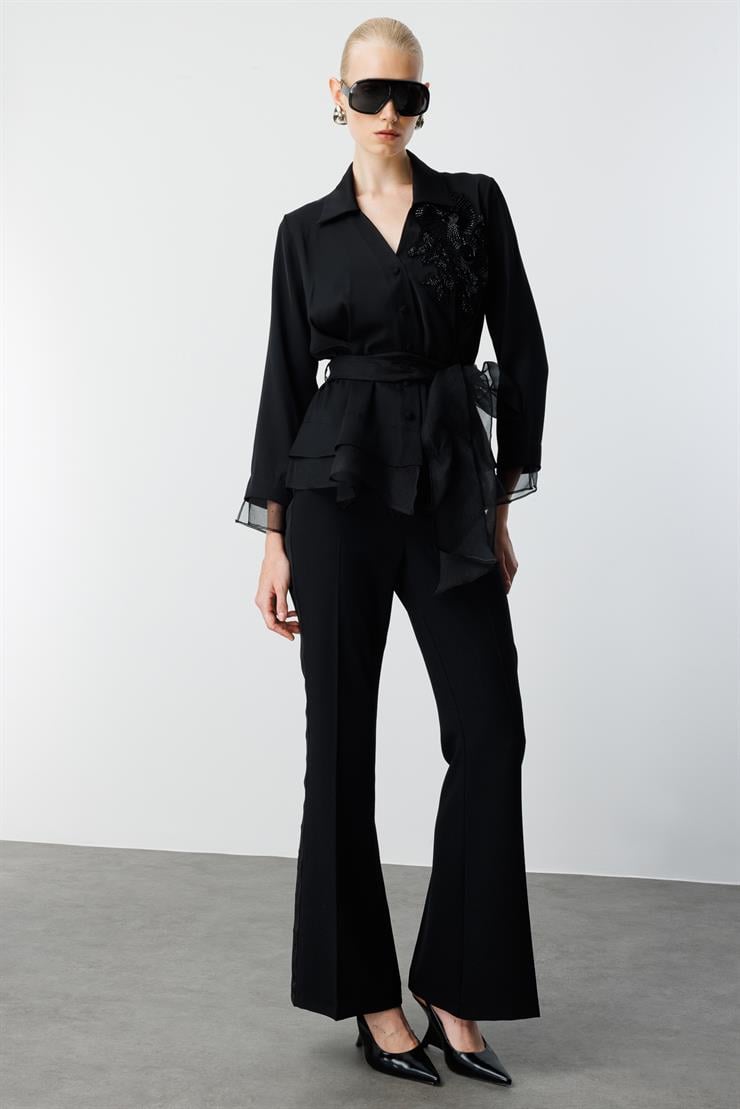 Modailgi  Çiçek Desen İşlemeli Organze Tüllü Gömlek Siyah