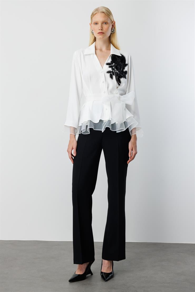 Modailgi  Çiçek Desen İşlemeli Organze Tüllü Gömlek Ekru