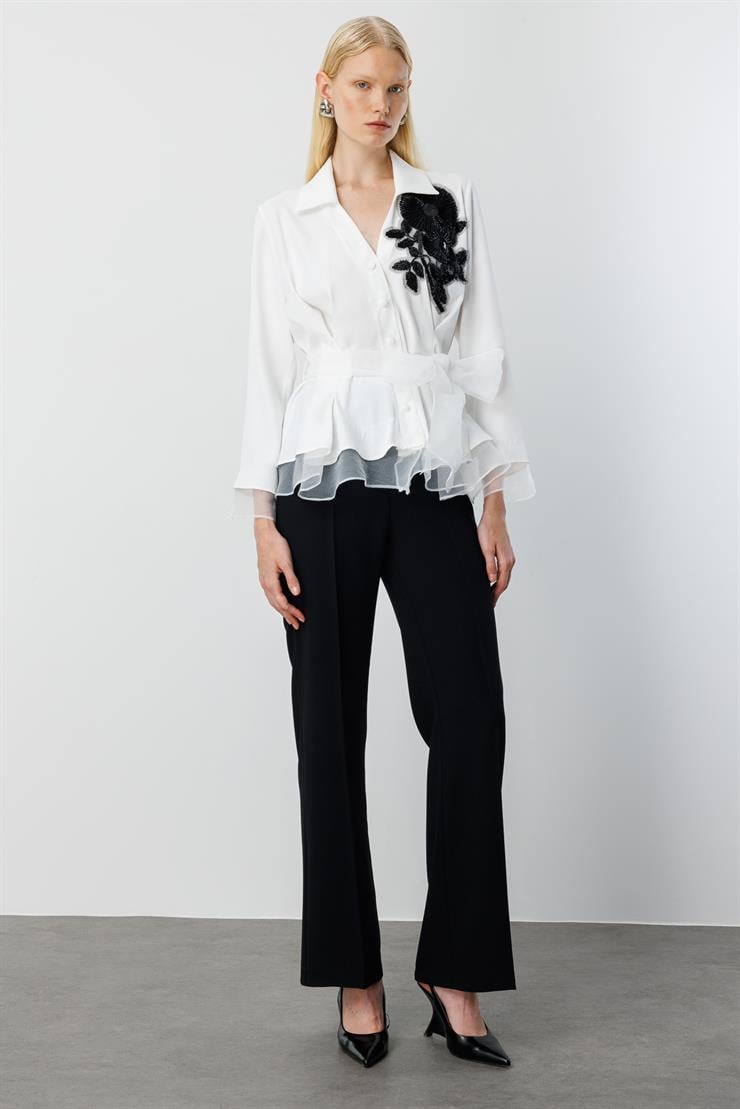 Modailgi  Çiçek Desen İşlemeli Organze Tüllü Gömlek Ekru