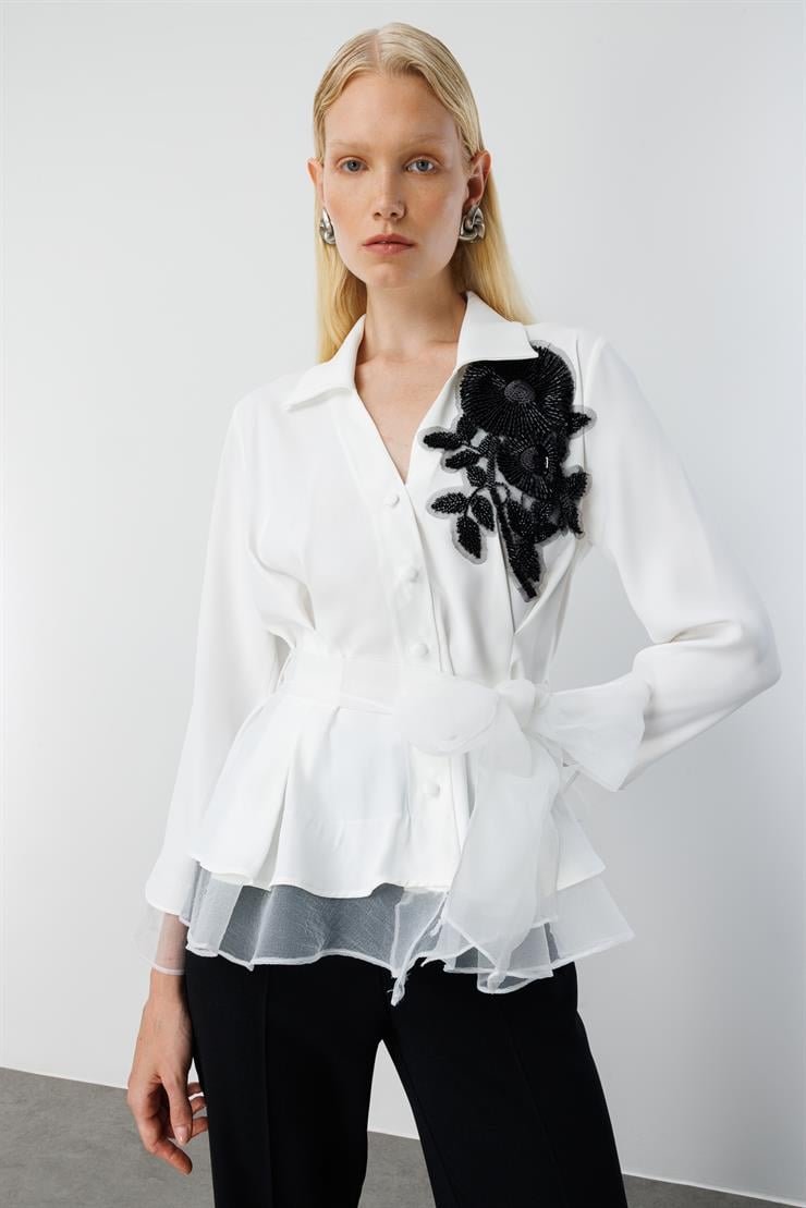 Modailgi  Çiçek Desen İşlemeli Organze Tüllü Gömlek Ekru