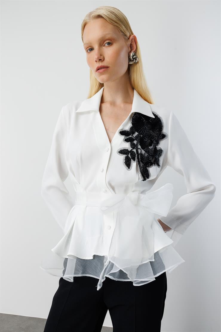 Modailgi  Çiçek Desen İşlemeli Organze Tüllü Gömlek Ekru