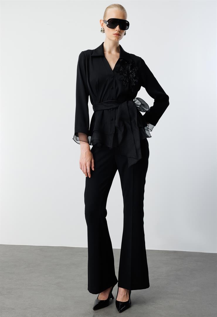 Modailgi  Çiçek Desen İşlemeli Organze Tüllü Gömlek Siyah