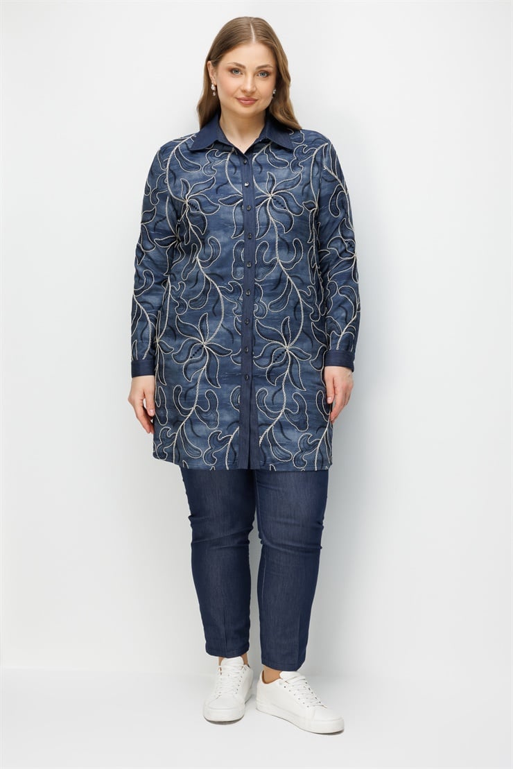 Modailgi  Çiçek Desen Nakışlı Fermuarlı Tunik Lacivert