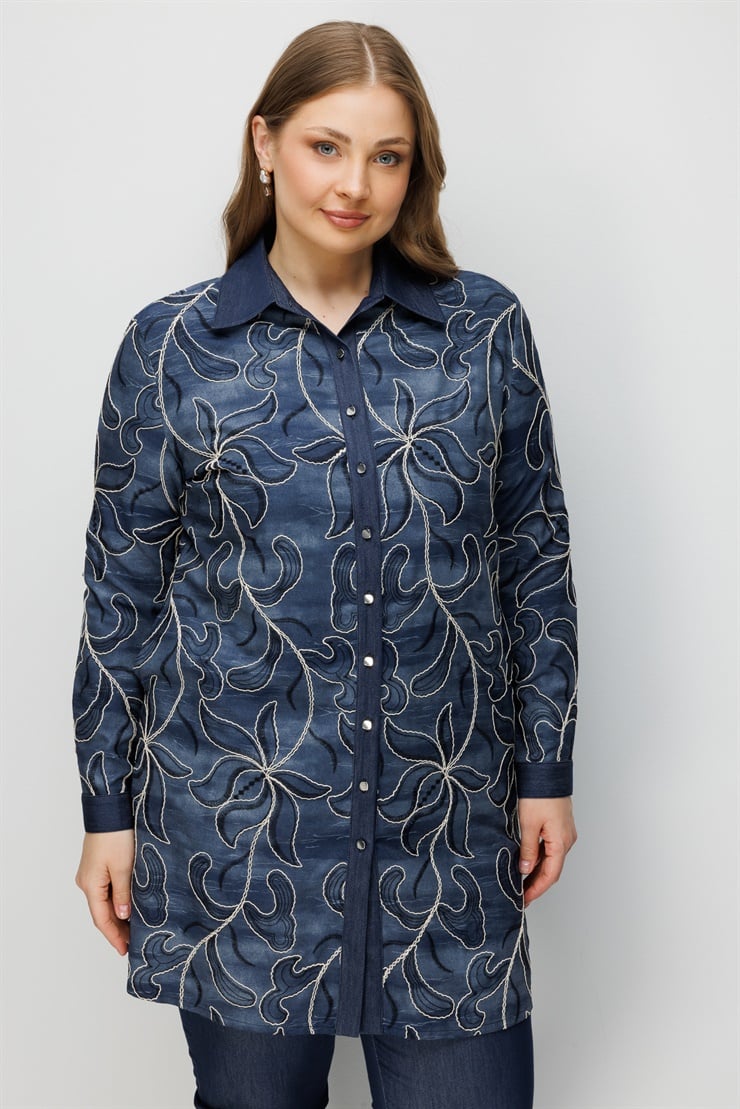 Modailgi  Çiçek Desen Nakışlı Fermuarlı Tunik Lacivert