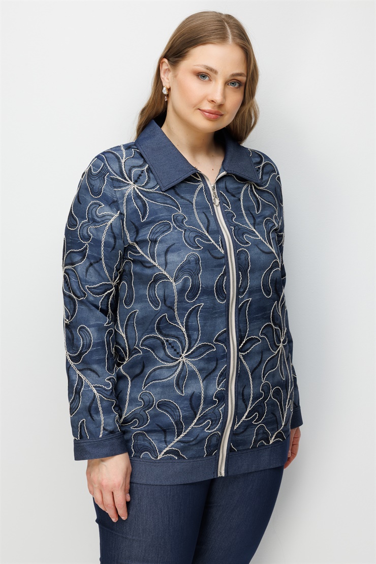 Modailgi  Çiçek Desen Nakışlı Düğme Kapamalı Uzun Tunik Lacivert