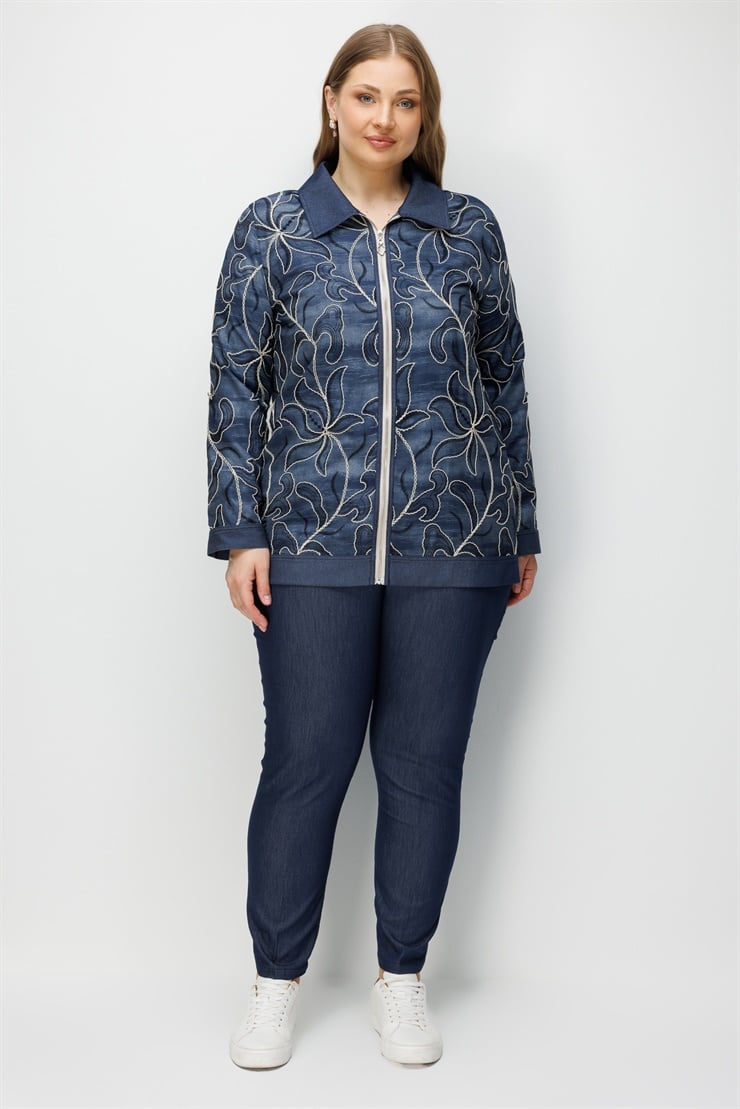 Modailgi  Çiçek Desen Nakışlı Düğme Kapamalı Uzun Tunik Lacivert