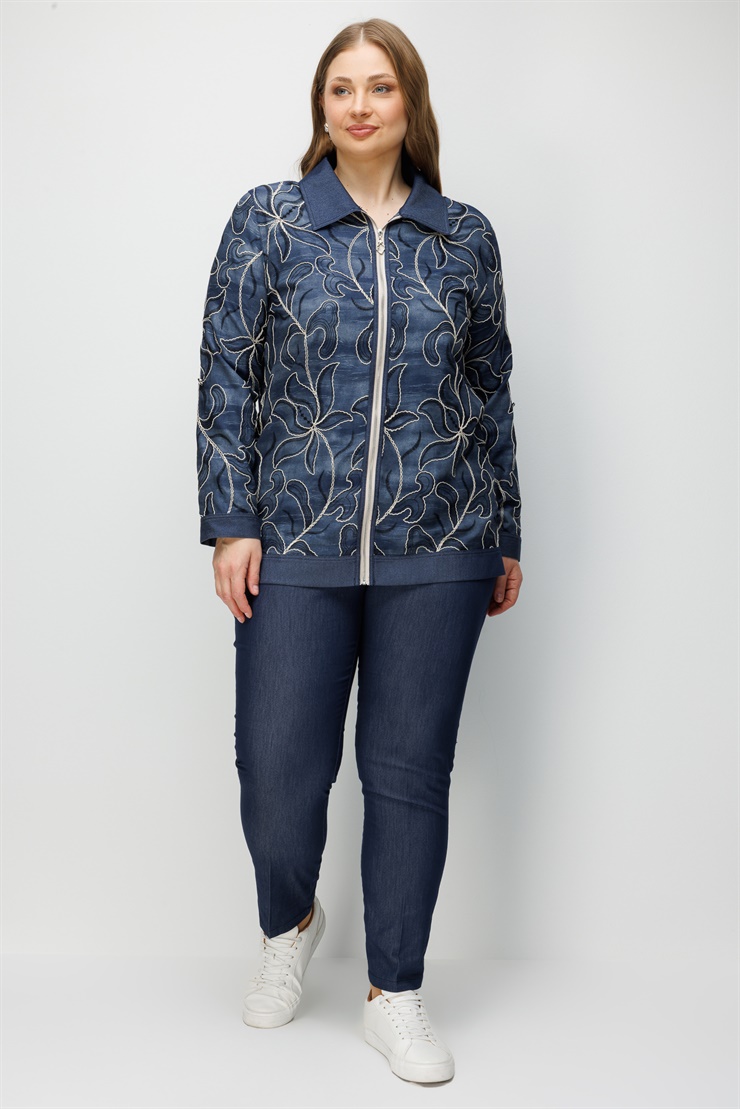 Modailgi  Çiçek Desen Nakışlı Düğme Kapamalı Uzun Tunik Lacivert