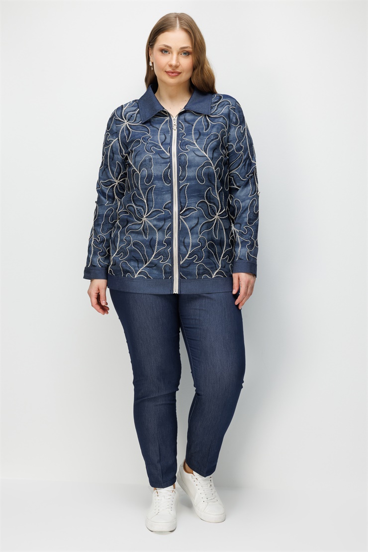 Modailgi  Çiçek Desen Nakışlı Düğme Kapamalı Uzun Tunik Lacivert