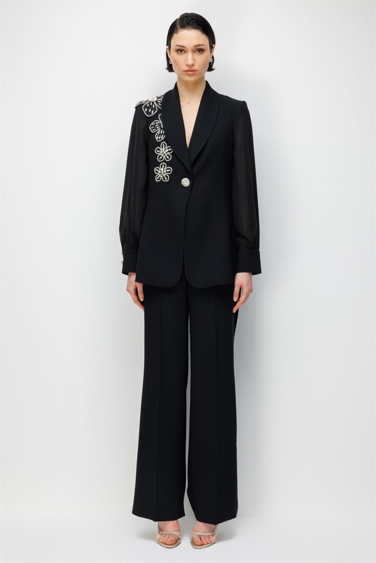 Modailgi  Çiçek Desen Taş Aksesuarlı Tek Düğme Ceket - 45021 Siyah