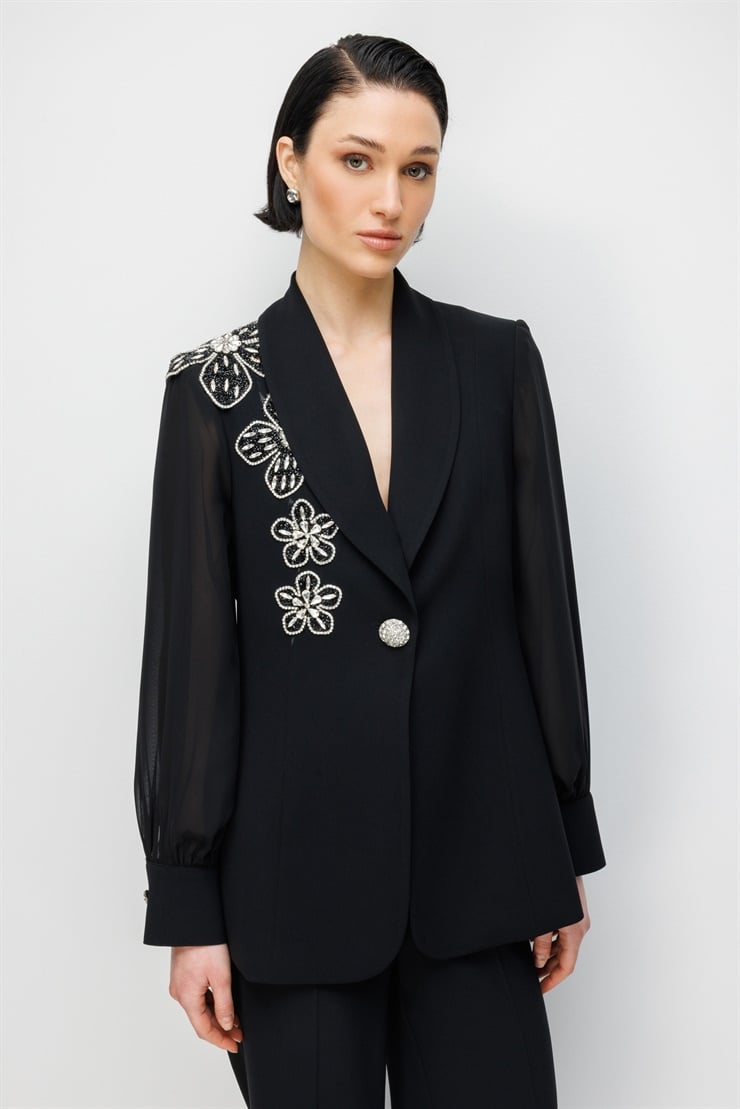 Modailgi  Çiçek Desen Taş Aksesuarlı Tek Düğme Ceket - 45021 Siyah