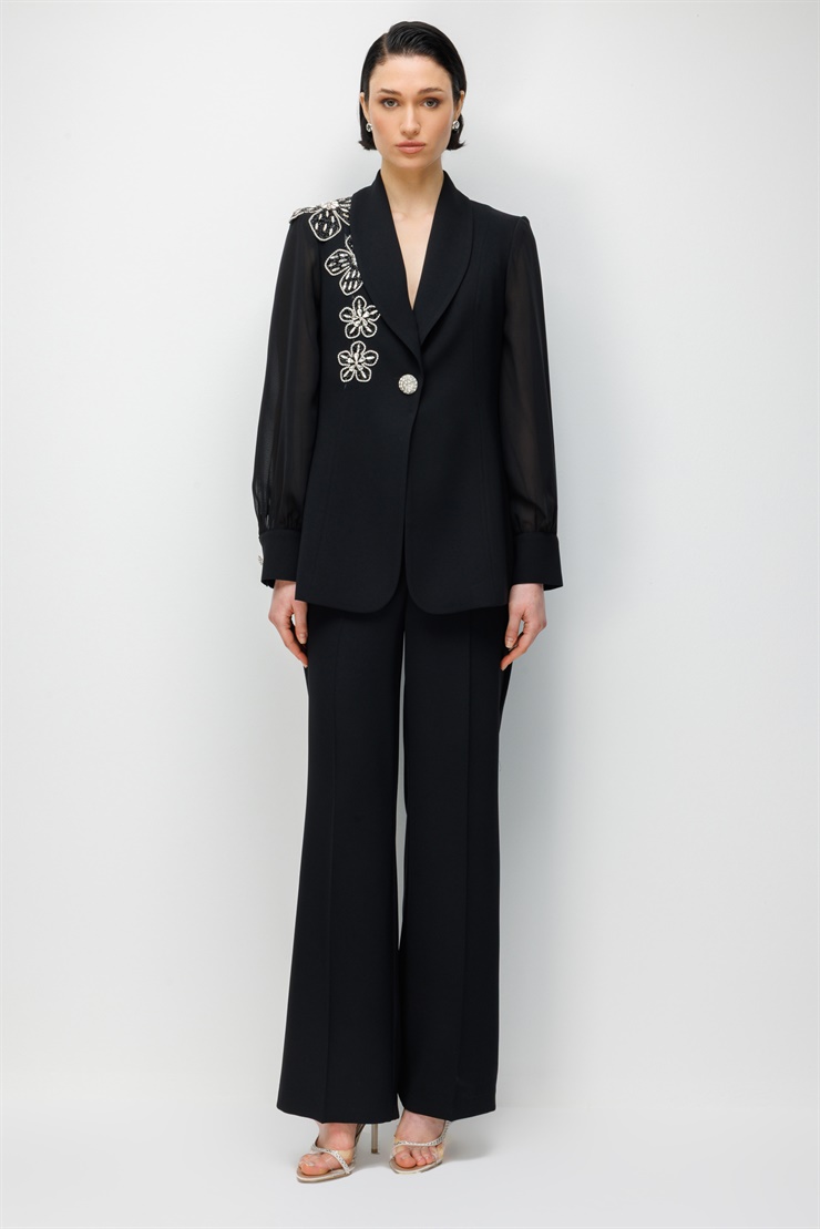 Modailgi  Çiçek Desen Taş Aksesuarlı Tek Düğme Ceket - 45021 Siyah