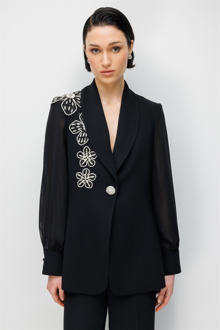 Modailgi  Çiçek Desen Taş Aksesuarlı Tek Düğme Ceket - 45021 Siyah